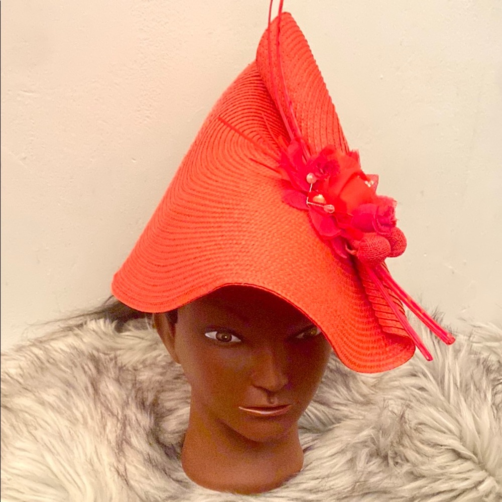 Hand Crafted Red Wide-Brimmed Hat with Floral Accent
